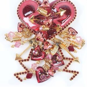 Lunch At The Ritz Cupid Valentine Dangle Heart Enamel Pin Brooch; 2 3/4"H